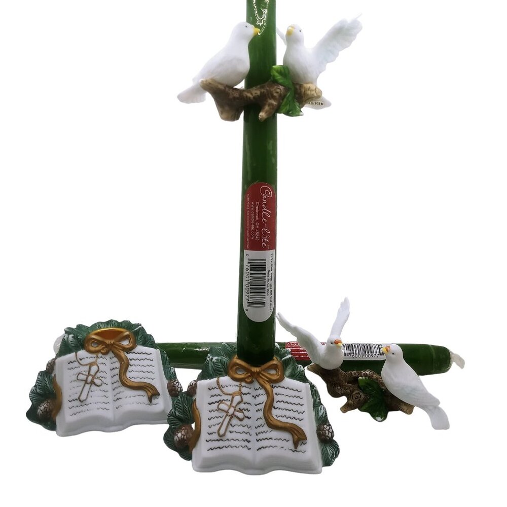 Ceramic Candle Holder Open Bible Taper Double Peace Doves Set of 4 Cosmos Gifts